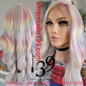 Beautiful human hair platinum blonde with colorful highlights